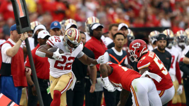 KANSAS CITY, MISSOURI – AUGUST 24: Running back Matt Breida #22 of the San Francisco 49ers is forced out of bounds during the preseason game against the Kansas City Chiefs at Arrowhead Stadium on August 24, 2019 in Kansas City, Missouri. (Photo by Jamie Squire/Getty Images)