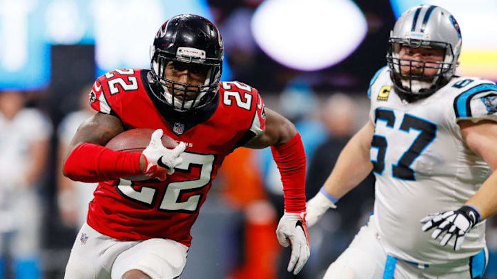 ATLANTA, GA - DECEMBER 31: Keanu Neal #22 of the Atlanta Falcons returns an interception during the second half against the Carolina Panthers at Mercedes-Benz Stadium on December 31, 2017 in Atlanta, Georgia. (Photo by Kevin C. Cox/Getty Images)