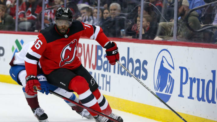 New Jersey Devils defenseman P.K. Subban (76) skates with the puck against Colorado Avalanche during the first period at Prudential Center. Mandatory Credit: Tom Horak-USA TODAY Sports