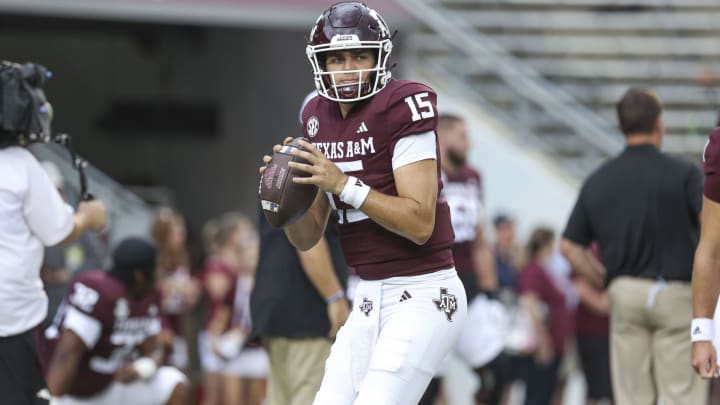 Sep 16, 2023; College Station, Texas, USA; Texas A&M Aggies quarterback Conner Weigman (15) warms up before the game against the Louisiana Monroe Warhawks at Kyle Field. Mandatory Credit: Troy Taormina-USA TODAY Sports
