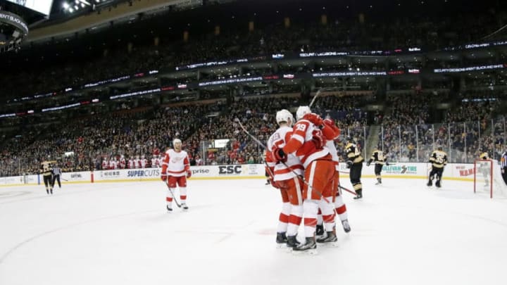 BOSTON, MA - MARCH 06: Detroit celebrates a goal during a game between the Boston Bruins and the Detroit Red Wings on March 6, 2018, at TD Garden in Boston, Massachusetts. The Bruins defeated the Red Wings 6-5 (OT). (Photo by Fred Kfoury III/Icon Sportswire via Getty Images)