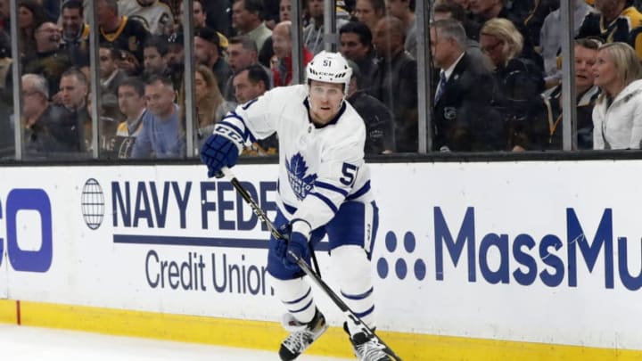 BOSTON, MA - APRIL 23: Toronto Maple Leafs defenseman Jake Gardiner (51) passes the puck during Game 7 of the 2019 First Round Stanley Cup Playoffs between the Boston Bruins and the Toronto Maple Leafs on April 23, 2019, at TD Garden in Boston, Massachusetts. (Photo by Fred Kfoury III/Icon Sportswire via Getty Images)