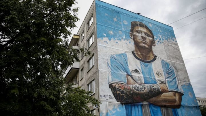 BRONNITSY, RUSSIA - JUNE 12: Street graffiti of Lionel Messi made by Sergey and Mikhail Erofeev nearby Argentina team Training Camp on June 12, 2018 in Bronnitsy, Russia. (Photo by Gabriel Rossi/Getty Images)