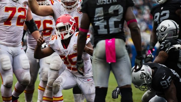 Oct 16, 2016; Oakland, CA, USA; Kansas City Chiefs running back Jamaal Charles (25) after scoring a touchdown against the Oakland Raiders during the second quarter at Oakland Coliseum. Mandatory Credit: Kelley L Cox-USA TODAY Sports