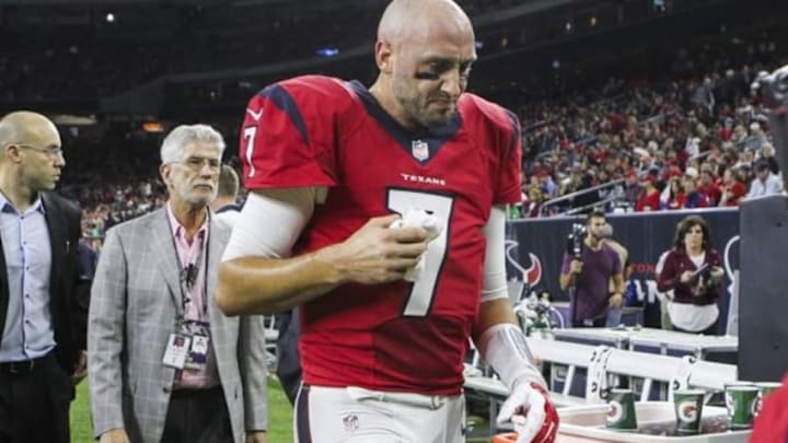 Dec 13, 2015; Houston, TX, USA; Houston Texans quarterback Brian Hoyer (7) walks off the field for medical evaluation during the fourth quarter against the New England Patriots at NRG Stadium. The Patriots defeated the Texans 27-6. Mandatory Credit: Troy Taormina-USA TODAY Sports