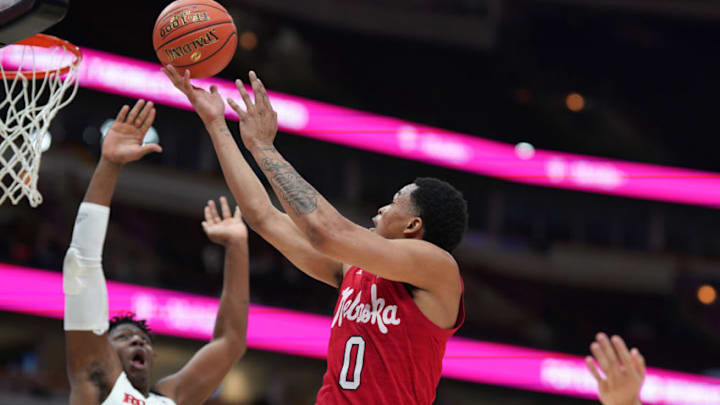 CHICAGO, IL - MARCH 13: Nebraska Cornhuskers guard James Palmer Jr. (0) battles to go up for a layup in action during a Big Ten Tournament game between the Nebraska Cornhuskers and Rutgers Scarlet Knights on March 13, 2019 at the United Center in Chicago, IL. (Photo by Robin Alam/Icon Sportswire via Getty Images)