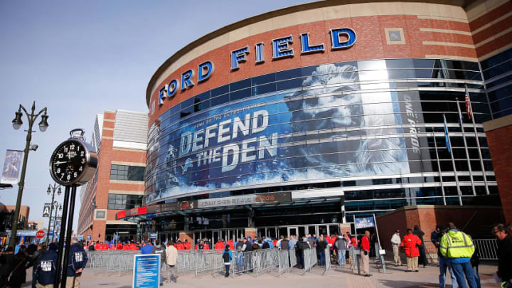 DETROIT, MI - DECEMBER 07: A general view of the main entrance of Ford Field prior to the start of the game between the Tampa Bay Buccaneers and the Detroit Lions on December 7, 2014 in Detroit, Michigan. The Lions defeated the Buccaneers 34-17. (Photo by Leon Halip/Getty Images)