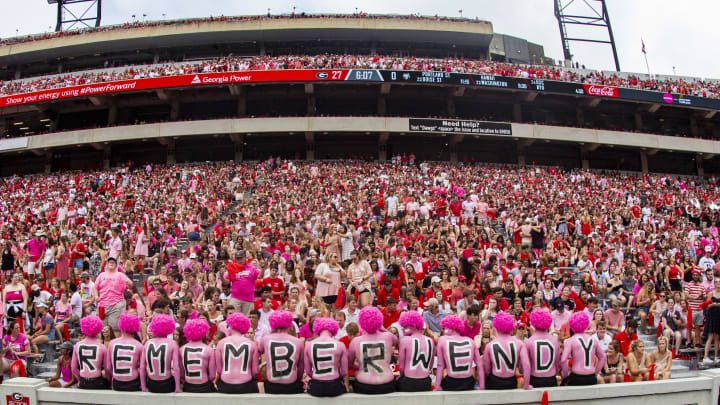 ATHENS, GA – SEPTEMBER 14: Georgia Bulldog fans are seen painted in pink in honor of Head Coach Blake Anderson’s wife Wendy Anderson recently losing her battle with cancer prior to the start of the game against Arkansas State at Sanford Stadium on September 14, 2019 in Athens, Georgia. (Photo by Carmen Mandato/Getty Images)