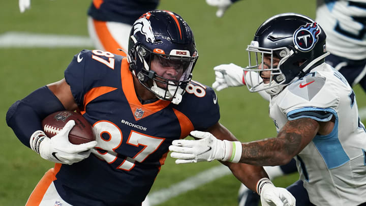 DENVER, CO – SEPTEMBER 14: Noah Fant #87 of the Denver Broncos runs with the ball during an NFL game against the Tennessee Titans, Monday, Sep. 14, 2020, in Denver. (Photo by Cooper Neill/Getty Images)