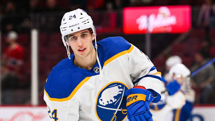 Nov 22, 2022; Montreal, Quebec, CAN; Buffalo Sabres center Dylan Cozens (24) skates during warm-up before the game against the Montreal Canadiens at Bell Centre. Mandatory Credit: David Kirouac-USA TODAY Sports