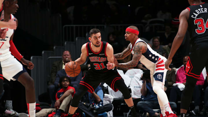 WASHINGTON, DC -  DECEMBER 18: Tomas Satoransky #31 of the Chicago Bulls halftimeb during the game against the Washington Wizards on December 18, 2019 at Capital One Arena in Washington, DC. NOTE TO USER: User expressly acknowledges and agrees that, by downloading and or using this Photograph, user is consenting to the terms and conditions of the Getty Images License Agreement. Mandatory Copyright Notice: Copyright 2019 NBAE (Photo by Ned Dishman/NBAE via Getty Images)