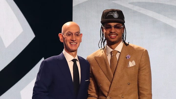 Jun 22, 2023; Brooklyn, NY, USA; Jett Howard (Michigan) with NBA commissioner Adam Silver after being selected eleventh by the Orlando Magic in the first round of the 2023 NBA Draft at Barclays Arena. Mandatory Credit: Wendell Cruz-USA TODAY Sports