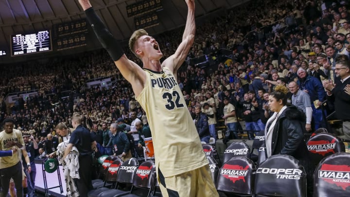 WEST LAFAYETTE, IN – JANUARY 27: Matt Haarms #32 of the Purdue Boilermakers celebrates after the game against the Michigan State Spartans at Mackey Arena on January 27, 2019 in West Lafayette, Indiana. (Photo by Michael Hickey/Getty Images)