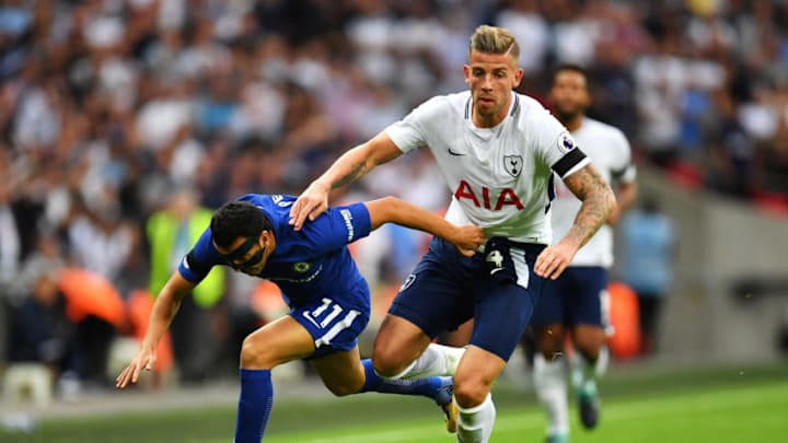 LONDON, ENGLAND - AUGUST 20: Pedro of Chelsea and Toby Alderweireld of Tottenham Hotspur FC during the Premier League match between Tottenham Hotspur and Chelsea at Wembley Stadium on August 20, 2017 in London, England. (Photo by Justin Setterfield/Getty Images)