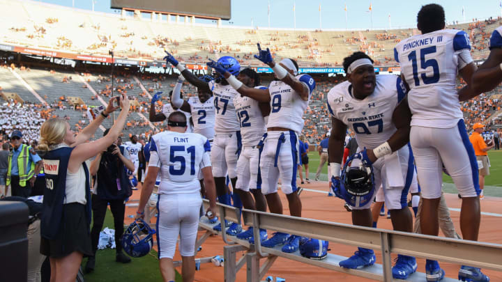 Aug 31, 2019; Knoxville, TN, USA; Georgia State Panthers players celebrate during the game against the Tennessee Volunteers at Neyland Stadium. Georgia State won 38 to 30. Mandatory Credit: Randy Sartin-USA TODAY Sports