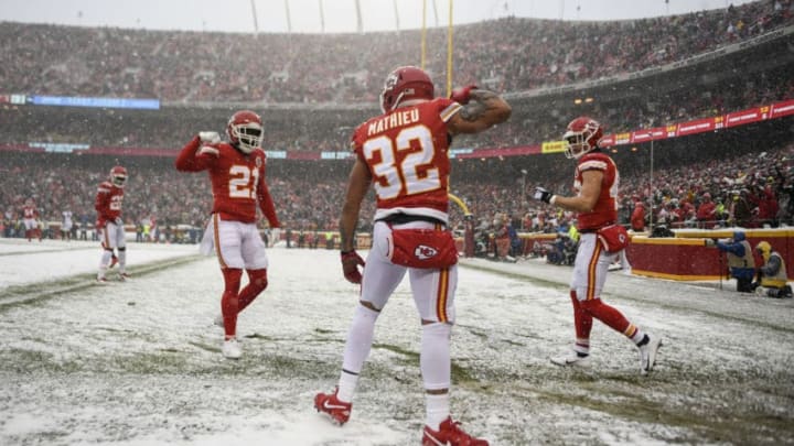 KANSAS CITY, MO - DECEMBER 15: Tyrann Mathieu (32) of the Kansas City Chiefs flexes after breaking up a touchdown reception intended for Courtland Sutton (14) of the Denver Broncos during the second quarter on Sunday, December 15, 2019. (Photo by AAron Ontiveroz/MediaNews Group/The Denver Post via Getty Images)