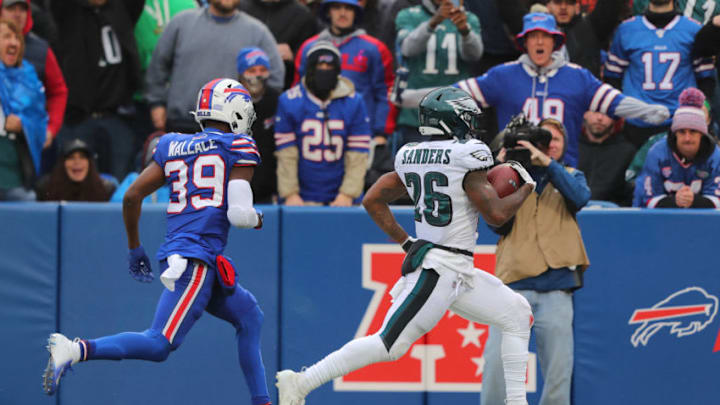 ORCHARD PARK, NY - OCTOBER 27: Levi Wallace #39 of the Buffalo Bills tries to catch Miles Sanders #26 of the Philadelphia Eagles as he runs in for a touchdown during the third quarter at New Era Field on October 27, 2019 in Orchard Park, New York. Eagles beat the Bills 31 to 13. (Photo by Timothy T Ludwig/Getty Images)