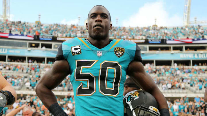 JACKSONVILLE, FL - NOVEMBER 05: Telvin Smith #50 of ther Jacksonville Jaguars waits in the bench area prior to the start of their game against the Cincinnati Bengals at EverBank Field on November 5, 2017 in Jacksonville, Florida. (Photo by Logan Bowles/Getty Images)