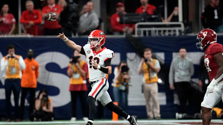 Georgia Bulldogs quarterback Stetson Bennett against the Alabama Crimson Tide in the SEC championship game. Mandatory Credit: Dale Zanine-USA TODAY Sports