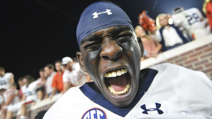 Oct 29, 2016; Oxford, MS, USA: Auburn Tigers defensive back Stephen Roberts (14) reacts after the game against the Mississippi Rebels at Vaught-Hemingway Stadium. Auburn won 40-29. Mandatory Credit: Matt Bush-USA TODAY Sports