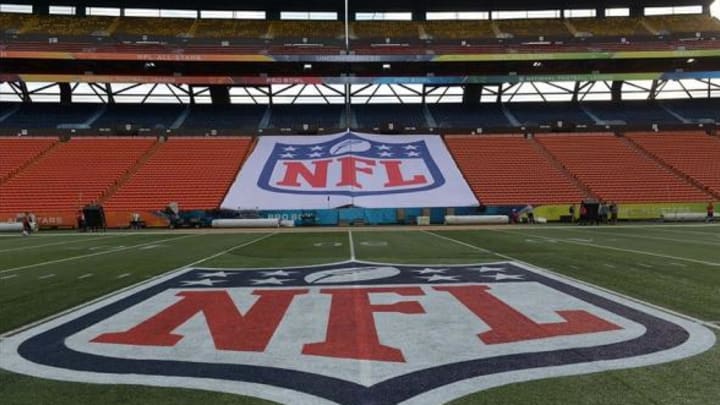 January 25, 2014; Honolulu, HI, USA; General view of the NFL shield logo at midfield during the 2014 Pro Bowl Ohana Day at Aloha Stadium. Mandatory Credit: Kirby Lee-USA TODAY Sports