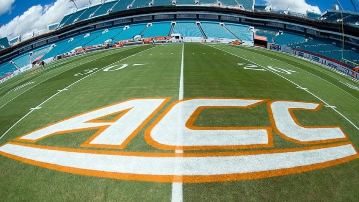 Sep 19, 2015; Miami Gardens, FL, USA; An ACC logo is seen on the field before a game between the Nebraska Cornhuskers and the Miami Hurricanes at Sun Life Stadium. Mandatory Credit: Steve Mitchell-USA TODAY Sports