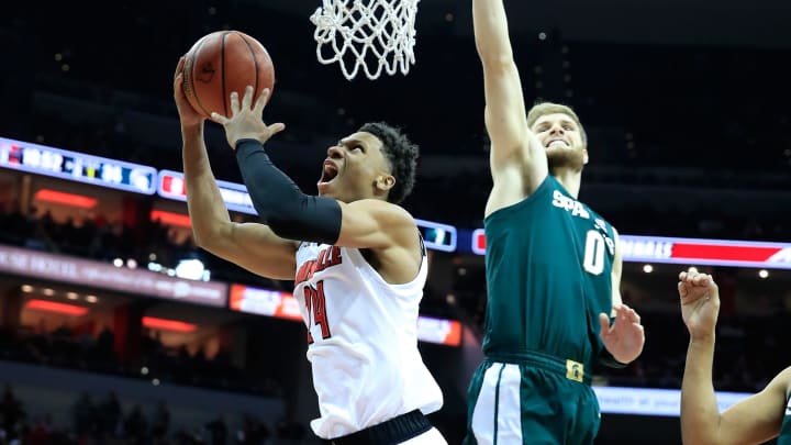 LOUISVILLE, KY – NOVEMBER 27: Dwayne Sutton #24 of the Louisville Cardinals shoots the ball during the 82-78 OT win over the Michigan State Spartans at KFC YUM! Center on November 27, 2018 in Louisville, Kentucky. (Photo by Andy Lyons/Getty Images)