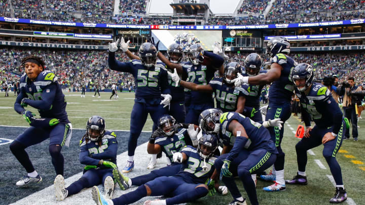 SEATTLE, WA – DECEMBER 02: The Seattle Seahawks defense celebrates a turnover by the San Francisco 49ers in the second at CenturyLink Field on December 2, 2018 in Seattle, Washington. (Photo by Otto Greule Jr/Getty Images)