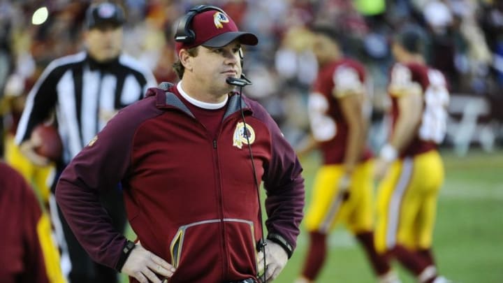 Jan 10, 2016; Landover, MD, USA; Washington Redskins head coach Jay Gruden looks on from the sidelines during the first half in a NFC Wild Card playoff football game against the Green Bay Packers at FedEx Field. Mandatory Credit: Brad Mills-USA TODAY Sports