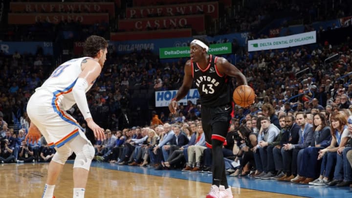 JANUARY 15: Pascal Siakam #43 of the Toronto Raptors handles the ball during the game against the OKC Thunder (Photo by Jeff Haynes/NBAE via Getty Images)