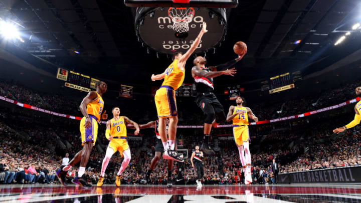 PORTLAND, OR - NOVEMBER 3: Damian Lillard #0 of the Portland Trail Blazers shoots the ball against the Los Angeles Lakers on November 3, 2018 at Moda Center in Portland, Oregon. NOTE TO USER: User expressly acknowledges and agrees that, by downloading and/or using this Photograph, user is consenting to the terms and conditions of the Getty Images License Agreement. Mandatory Copyright Notice: Copyright 2018 NBAE (Photo by Andrew D. Bernstein/NBAE via Getty Images)