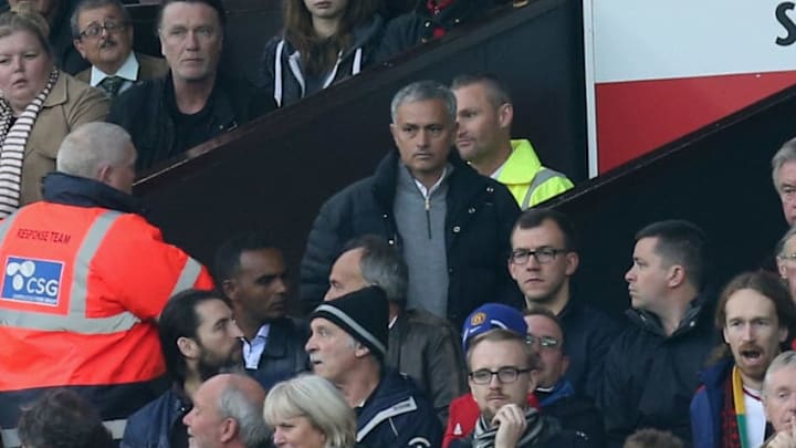 MANCHESTER, ENGLAND - OCTOBER 29: Manager Jose Mourinho is moved from his seat in the stand after being sent from the dugout by referee Mark Clattenburg during the Premier League match between Manchester United and Burnley at Old Trafford on October 29, 2016 in Manchester, England. (Photo by John Peters/Man Utd via Getty Images)