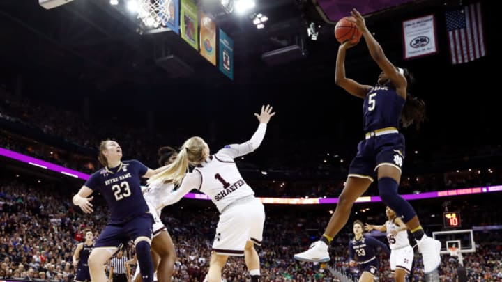 COLUMBUS, OH - APRIL 01: Jackie Young #5 of the Notre Dame Fighting Irish attempts a shot against the Mississippi State Lady Bulldogs during the fourth quarter in the championship game of the 2018 NCAA Women's Final Four at Nationwide Arena on April 1, 2018 in Columbus, Ohio. The Notre Dame Fighting Irish defeated the Mississippi State Lady Bulldogs 61-58. (Photo by Andy Lyons/Getty Images)