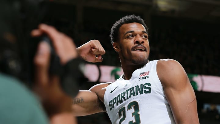 EAST LANSING, MI – DECEMBER 16: Xavier Tilman #23 of the Michigan State Spartans celebrates a made basket during a game against the Green Bay Phoenix in the first half at Breslin Center on December 16, 2018 in East Lansing, Michigan. (Photo by Rey Del Rio/Getty Images)