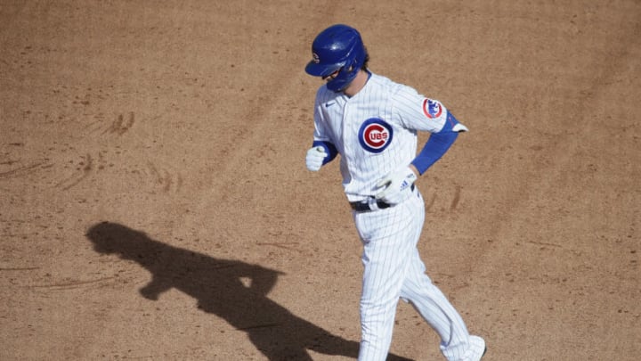 CHICAGO, ILLINOIS - OCTOBER 02: Kris Bryant #17 of the Chicago Cubs trots back to the dugout after flying out against the Miami Marlins during Game Two of the National League Wild Card Series at Wrigley Field on October 02, 2020 in Chicago, Illinois. (Photo by Jonathan Daniel/Getty Images)