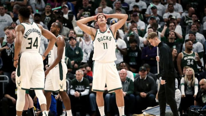 MILWAUKEE, WISCONSIN - APRIL 28: Brook Lopez #11 of the Milwaukee Bucks reacts in the fourth quarter against the Boston Celtics during Game One of Round Two of the 2019 NBA Playoffs at the Fiserv Forum on April 28, 2019 in Milwaukee, Wisconsin. NOTE TO USER: User expressly acknowledges and agrees that, by downloading and or using this photograph, User is consenting to the terms and conditions of the Getty Images License Agreement. (Photo by Dylan Buell/Getty Images)