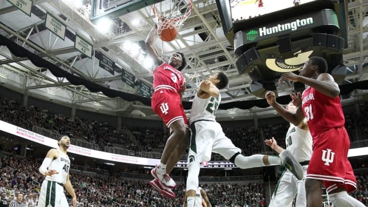 Feb 14, 2016; East Lansing, MI, USA; Indiana Hoosiers forward OG Anunoby (3) dunks the ball over Michigan State Spartans forward Kenny Goins (25) during the first half of a game at Jack Breslin Student Events Center. Mandatory Credit: Mike Carter-USA TODAY Sports