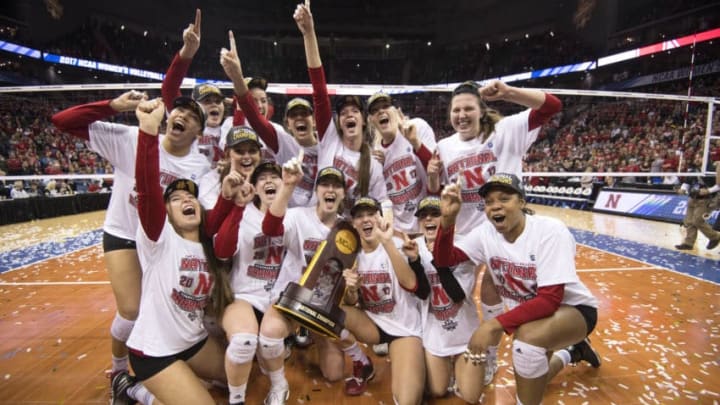 KANSAS CITY, MO - DECEMBER 16: The University of Nebraska celebrates after defeating the University of Florida during the Division I Women's Volleyball Championship held at Sprint Center on December 16, 2017 in Kansas City, Missouri. Nebraska defeated Florida 3-1 for the national title. (Photo by Jamie Schwaberow/NCAA Photos via Getty Images)