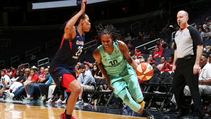 WASHINGTON, DC – JUNE 28: Epiphanny Prince (10) of the New York Liberty drives to the basket against the Washington Mystics on June 28, 2018 at Capital One Arena in Washington, DC. NOTE TO USER: User expressly acknowledges and agrees that, by downloading and or using this Photograph, user is consenting to the terms and conditions of the Getty Images License Agreement. Mandatory Copyright Notice: Copyright 2018 NBAE (Photo by Ned Dishman/NBAE via Getty Images)