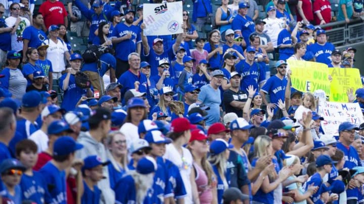 SEATTLE, WA - AUGUST 04: Blue Jays fans watch batting practice before the game against the Seattle Mariners at Safeco Field on August 4, 2018 in Seattle, Washington. (Photo by Lindsey Wasson/Getty Images)