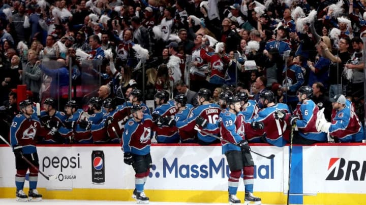 DENVER, COLORADO - APRIL 15: Nathan MacKinnon #29 of the Colorado Avalanche celebrates a goal against the Calgary Flames in the first period during Game Three of the Western Conference First Round during the 2019 NHL Stanley Cup Playoffs at the Pepsi Center on April 15, 2019 in Denver, Colorado. (Photo by Matthew Stockman/Getty Images)
