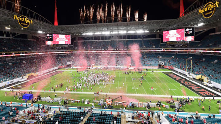 Jan 11, 2021; Miami Gardens, FL, USA; Alabama Crimson Tide players celebrate after defeating the Ohio State Buckeyes in the 2021 College Football Playoff National Championship Game at Hard Rock Stadium. Mandatory Credit: Douglas DeFelice-USA TODAY Sports