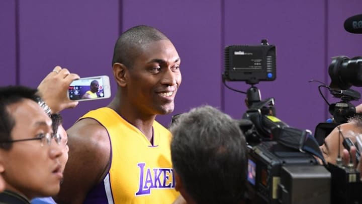 Sep 26, 2016; Los Angeles, CA, USA; Los Angeles Lakers forward Metta World Peace (Ron Artest) is interviewed by reporters at media day at Toyota Sports Center.. Mandatory Credit: Kirby Lee-USA TODAY Sports Sep 26, 2016; Los Angeles, CA, USA; Los Angeles Lakers forward Metta World Peace (Ron Artest) is interviewed by reporters at media day at Toyota Sports Center.. Mandatory Credit: Kirby Lee-USA TODAY Sports