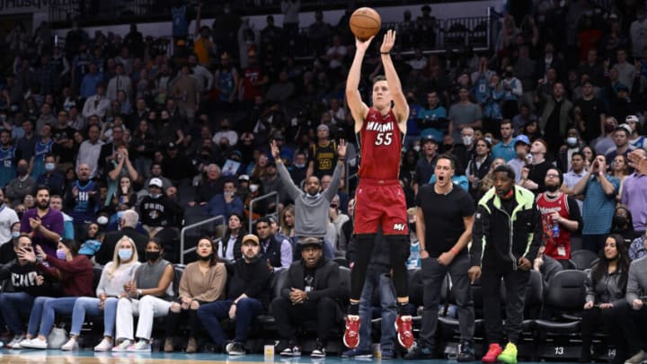 Duncan Robinson #55 of the Miami Heat takes an uncontested three-point shot against the Charlotte Hornets(Photo by Grant Halverson/Getty Images)