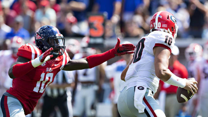 OXFORD, MS – SEPTEMBER 24: Marquis Haynes #10 of the Mississippi Rebels puts pressure on Jacob Eason #10 of the Georgia Bulldogs at Vaught-Hemingway Stadium on September 24, 2016 in Oxford, Mississippi. (Photo by Wesley Hitt/Getty Images)