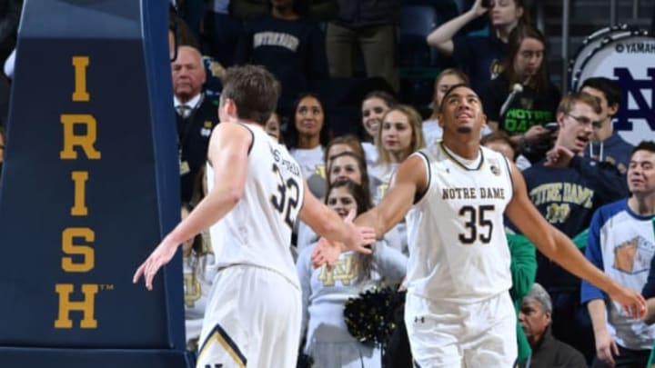 Dec 6, 2016; South Bend, IN, USA; Notre Dame Fighting Irish guard Steve Vasturia (32) and forward Bonzie Colson (35) react in the closing seconds of the second half against the IPFW Mastodons at the Purcell Pavilion. Notre Dame won 87-72. Mandatory Credit: Matt Cashore-USA TODAY Sports
