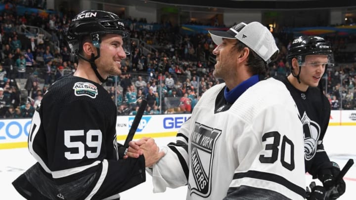 SAN JOSE, CA - JANUARY 26: Roman Josi #59 of the Nashville Predators and goaltender Henrik Lundqvist #30 of the New York Rangers shake hands after the 2019 Honda NHL All-Star Game at SAP Center on January 26, 2019 in San Jose, California. (Photo by Brian Babineau/NHLI via Getty Images)