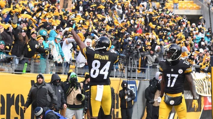 Jan 8, 2017; Pittsburgh, PA, USA; Pittsburgh Steelers wide receiver Antonio Brown (84) throws the ball into the stands after scoring a touchdown against the Miami Dolphins during the first half in the AFC Wild Card playoff football game at Heinz Field. Mandatory Credit: James Lang-USA TODAY Sports