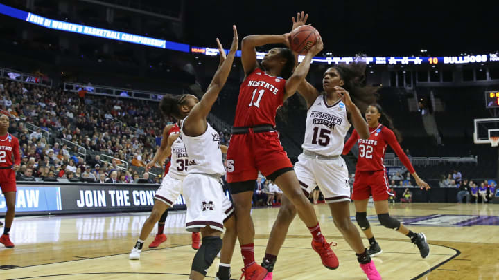 KANSAS CITY, MO – MARCH 23: North Carolina State Wolfpack guard Kiara Leslie (11) drives to the basket in the second quarter of a third round NCAA Division l Women’s Championship game between the North Carolina State Wolfpack and Mississippi State Bulldogs on March 23, 2018 at Sprint Center in Kansas City, MO. (Photo by Scott Winters/Icon Sportswire via Getty Images)