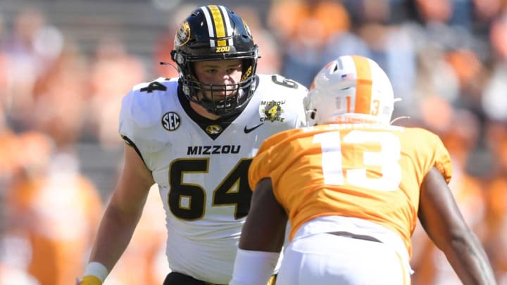 Missouri offensive lineman Bobby Lawrence (64) defends against Tennessee linebacker Deandre Johnson (13) during a game between Tennessee and Missouri at Neyland Stadium in Knoxville, Tenn. on Saturday, Oct. 3, 2020.100320 Tenn Mo Jpg